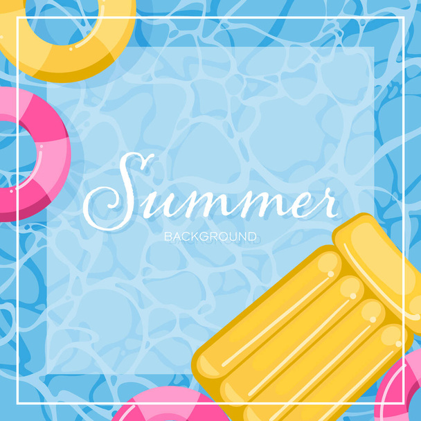 Fondo de verano de vida de natación anillo y bronceador salón inflable en la piscina con marco blanco y su espacio de copia. Ilustración vectorial. - Vector, Imagen
