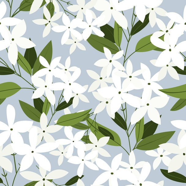 Floral ornament seamless pattern of beautiful jasmine flowers with leaves on gray background. Design for fabrics, web, textiles or paper. Vector illustration. - Vetor, Imagem