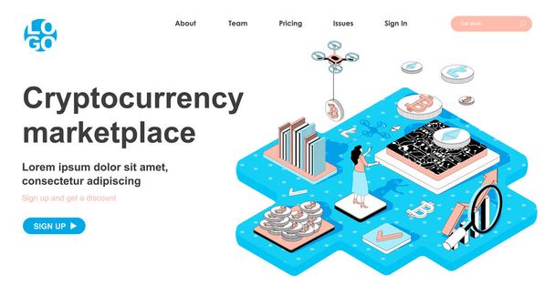 Cryptocurrency marketplace isometric concept. Woman sells or buys bitcoins, makes digital money, crypto business, line flat isometry web banner. Vector illustration in 3d design for landing page - Vector, afbeelding