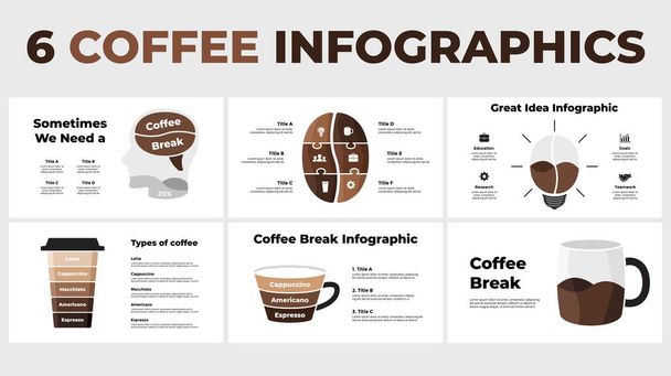 Descanso de café Pack de infografías. Plantilla de diapositiva vectorial. Ilustración creativa con grano de café, cerebro humano, bombilla y tazas. Generar un proceso de lluvia de ideas.  - Vector, imagen