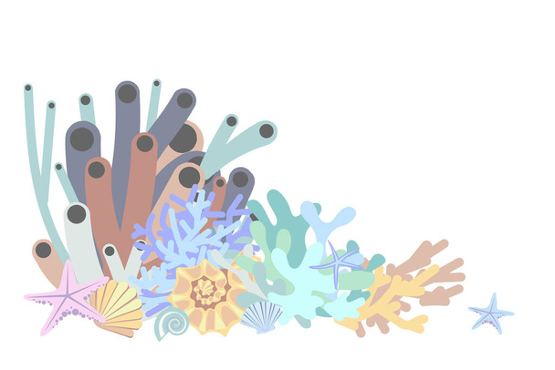 Unterwasserlandschaft. Riff mit bunten Korallen, Schwämmen, Muscheln, Seesternen. Kopierraum für Design. Cartoon-Stil. Vektorillustration. - Vektor, Bild