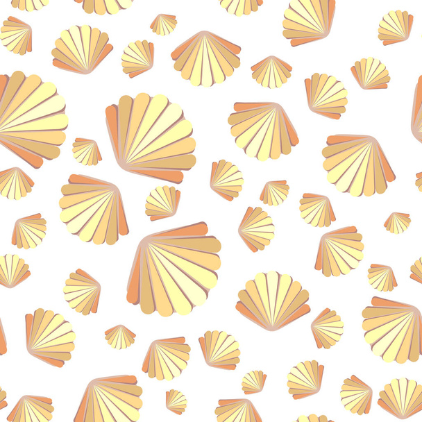 白い背景に金黄色の貝殻のシームレスなパターン。フラットスタイル。ベクターイラスト. - ベクター画像