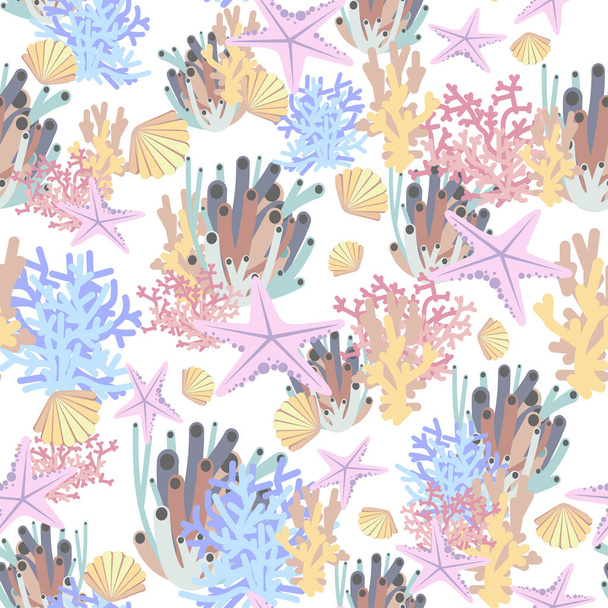 A zátony zátonymintázata színes korallokkal, szivaccsal, kagylóval, tengeri csillagokkal. Víz alatti háttér. Vektorillusztráció. - Vektor, kép