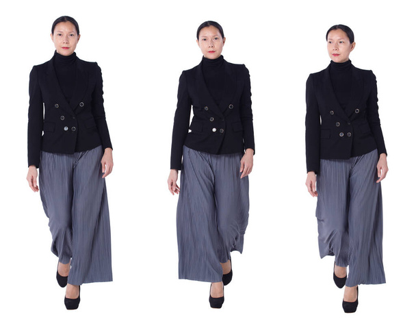 Collage Group volledige lengte Figuur lopen van de jaren 40 50s Aziatische LGBTQIA + Vrouw zwart haar pak broek en schoenen. Vrouwelijke wandelingen en werk slim over wit Achtergrond geïsoleerd - Foto, afbeelding