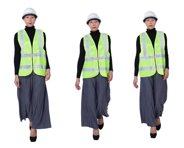 Collage longitud completa Figura caminando de los años 40 50 Asiático LGBTQIA + Mujer Ingeniero llevar traje de seguridad sombrero duro. Mujer caminar y comprobar el sitio de construcción sobre fondo blanco aislado - Foto, Imagen