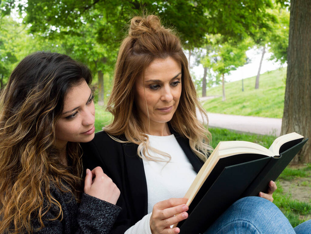 Két csinos lány könyvet olvas a parkban. - Fotó, kép