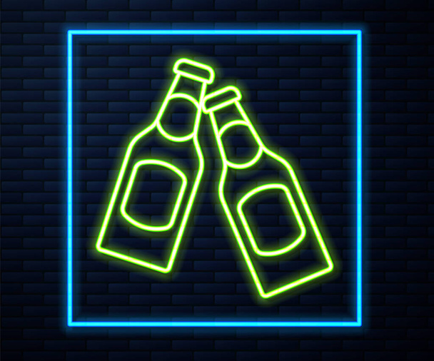 Leuchtende Neon-Linie Bierflaschen-Symbol isoliert auf Backsteinwand Hintergrund. Vektor - Vektor, Bild
