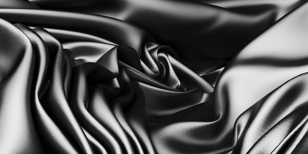 Абстрактный фон роскошной ткани. Гладкая элегантная черная шелковая или атласная текстура. Трехмерная иллюстрация - Фото, изображение