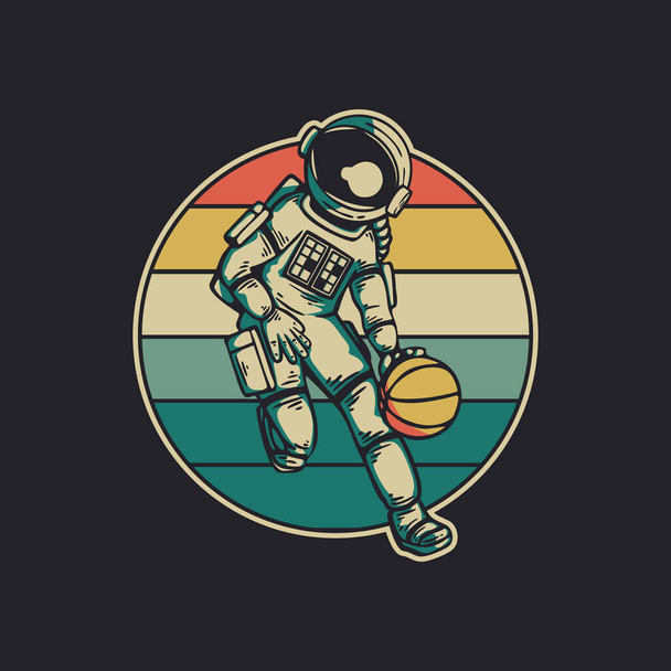 astronaute design vintage jouant au basket illustration vintage rétro - Vecteur, image