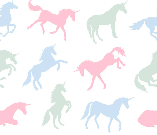 Vector seamless pattern of pastel colored hand drawn unicorns silhouette isolated on white background - Vektör, Görsel