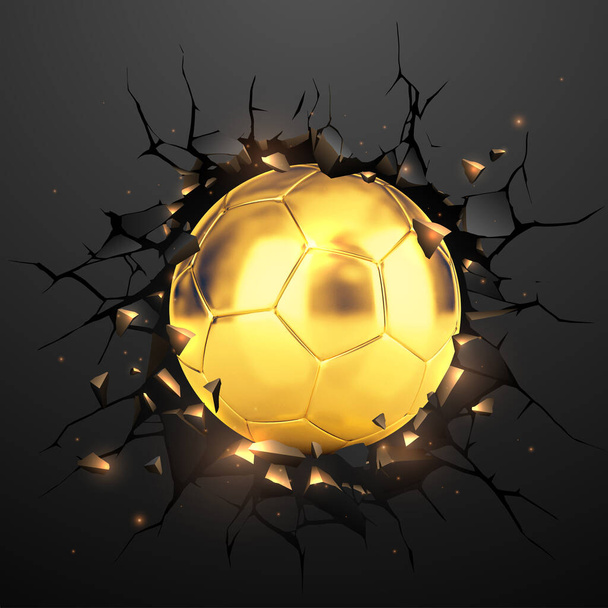 Fußball-Ball durchbricht Ziegelmauer im Stadion Zerquetsche die Ziegelmauer, 3D-Illustration - Foto, Bild