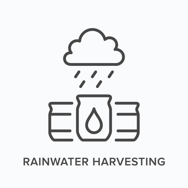 Regenwater oogsten vlakke lijn pictogram. Vector overzicht illustratie van vat, wolk en regen. Zwart dun lineair pictogram voor het opvangen van water - Vector, afbeelding