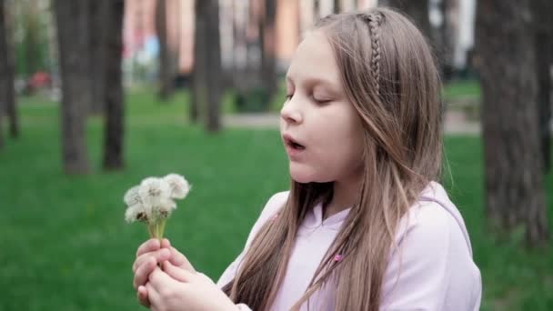 Portré egy gyönyörű tinédzser lányról, aki az érett pitypangra fúj egy tavaszi vagy nyári parkban. lassított felvétel - Felvétel, videó