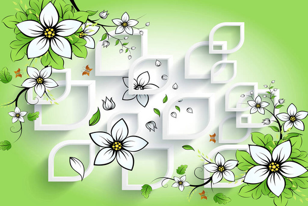 3D-Hintergrund mit grünem Blatt und Blumen Tapete - Foto, Bild