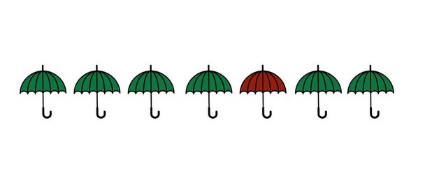 Σειρά από πράσινες ομπρέλες με ένα κόκκινο διαφορετικό. Γίνε διαφορετική έννοια.  - Διάνυσμα, εικόνα