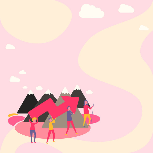 Quattro colleghi illustrazione Arrampicata montagna tenendo grande freccia per il successo. Compagni di squadra che portano puntatore sulla collina verso il loro obiettivo. - Vettoriali, immagini