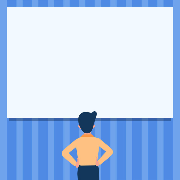 Man Drawing Standing Holding Hips Looking At An Empty Whiteboard. Student Design Stands And Hands On Hip Viewing Blank Board. - Vector, Image