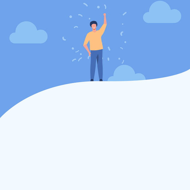 Man Drawing Raising Hand To The Sky Standing On Top Hill Showing Success. Gentleman Stands Over The Mountain Arm Raised Up Clouds Displaying Accomplishment. - Vector, Image