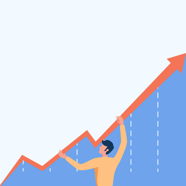 Чоловік, що стоїть, тримає графік Стрілка, що показує зростання бізнесу. Бізнесмен Дизайн стоїть під час захоплення діаграми показуючи збільшення і зростання
. - Вектор, зображення
