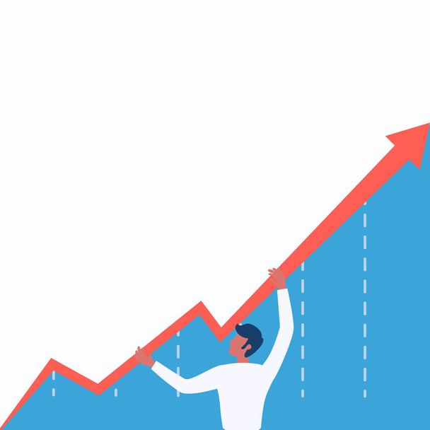 Чоловік, що стоїть, тримає графік Стрілка, що показує зростання бізнесу. Бізнесмен Дизайн стоїть під час захоплення діаграми показуючи збільшення і зростання
. - Вектор, зображення