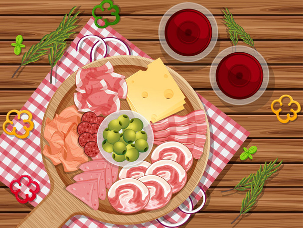 Hideg húsok és füstölt hús tálca az asztalon háttér-illusztráció - Vektor, kép