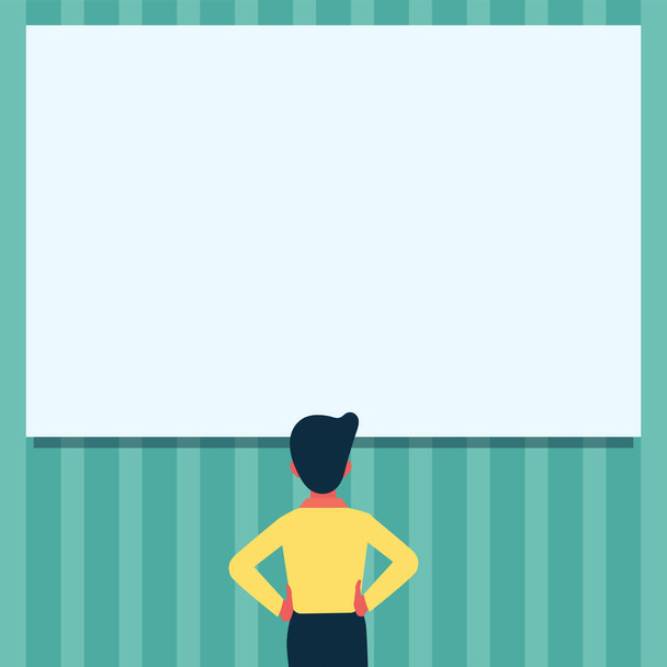 Man Drawing Standing Holding Hips Looking At An Empty Whiteboard. Student Design Stands And Hands On Hip Viewing Blank Board. - Vettoriali, immagini