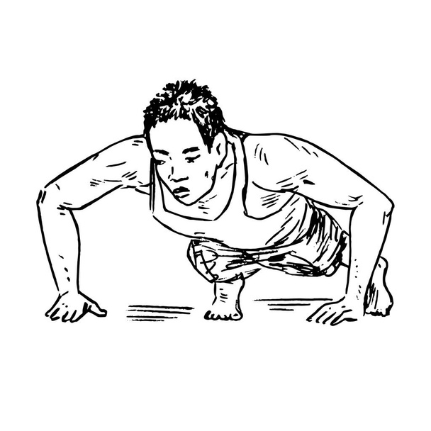Entrenamiento push-up, vista frontal del hombre, garabato dibujado a mano, dibujo en estilo hueco, ilustración de bocetos - Vector, imagen