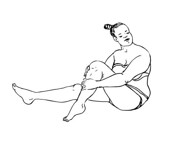 Lány plusz méret ül bikini, oldalnézet, kézzel rajzolt doodle, rajz gravure stílusban, vázlat illusztráció - Vektor, kép