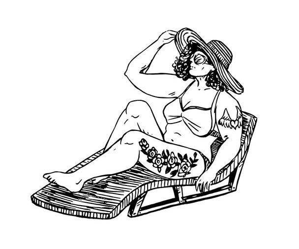 女の子プラスサイズでビキニと帽子でタトゥー椅子と日光浴に座って、手描きのドア、グラビアスタイルで描く、スケッチイラスト - ベクター画像