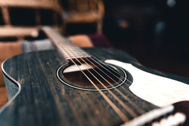 Wooden guitar On Hardwood Floor - Φωτογραφία, εικόνα