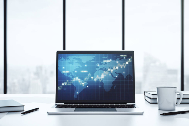 Abstract creative financial graph with world map on modern laptop screen, forex and investment concept. 3D Rendering - Photo, image