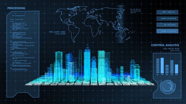Neonlichter Wolkenkratzer und Gebäude, beleuchtete Stadt 3D-Illustration - Foto, Bild