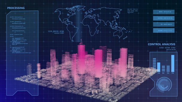 Neon ışıkları gökdelenler ve binalar, aydınlatılmış şehir 3D illüstrasyon - Fotoğraf, Görsel