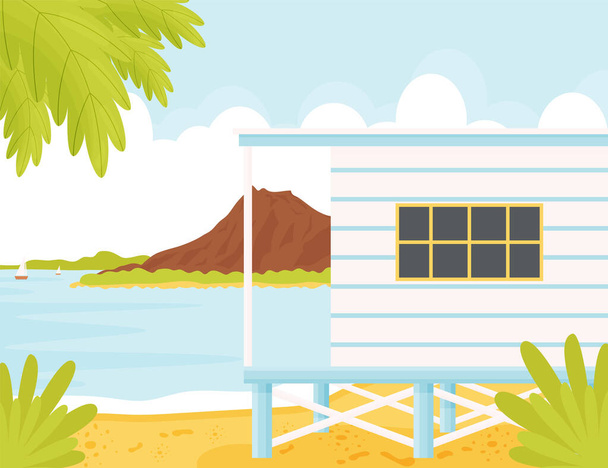 мультфильм деревянный пляжный домик. пляжный пейзаж лагуны. - Вектор,изображение