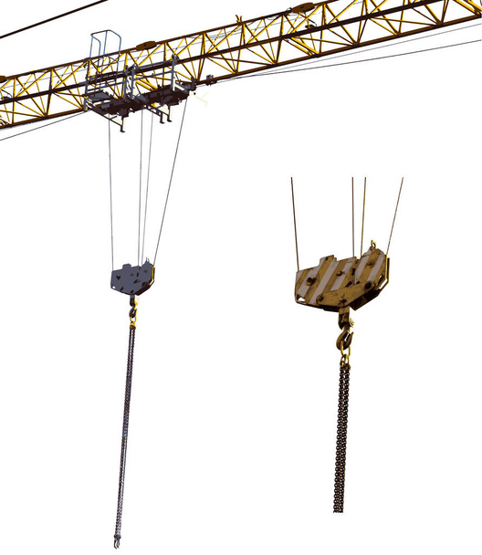On the boom of the tower crane, a cargo hook hangs on ropes. Chains hang from the hook to grab the load. Crane boom with hook isolated on white background. Vector, eps10. Illustration. - Vettoriali, immagini