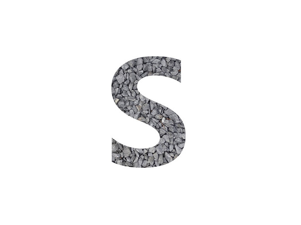Az ábécé S betűje szürke kavicsból készült, fehér alapon elkülönítve - Fotó, kép