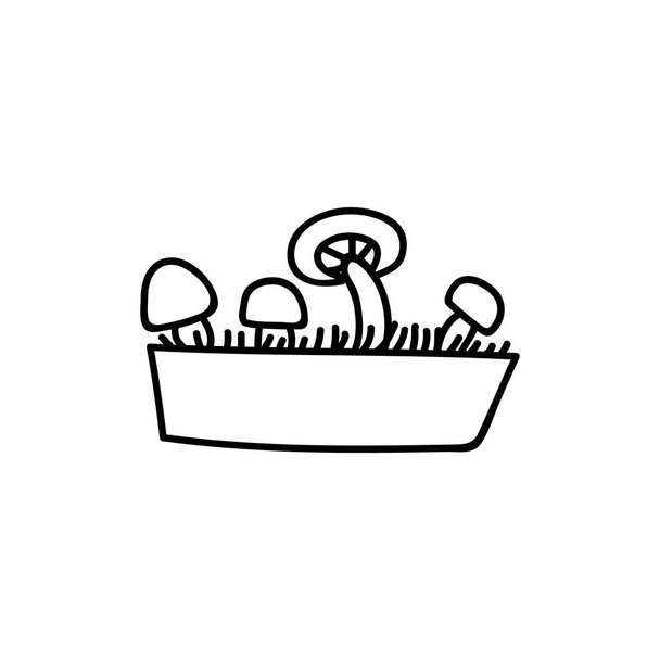 Jeden ručně kreslený hrnec s houbami. Vektorová ilustrace. Izolovat na bílém pozadí. Goblincore tisk. - Vektor, obrázek