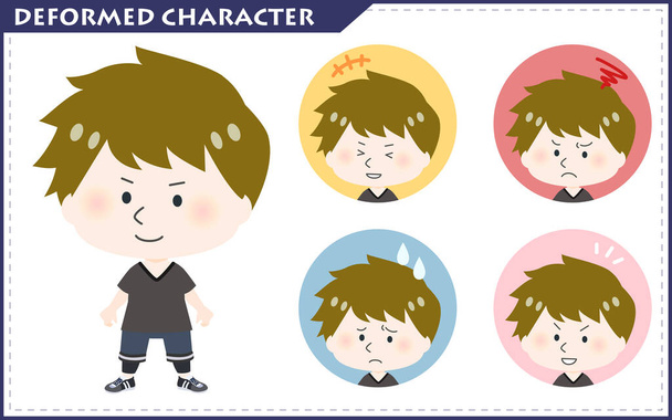A full-body illustration of a cute miniature character and a set of differential expressions (sportsman/short hair). - Vector, Image