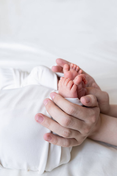 Máma a táta ruce držet malé nohy svých dvou novorozených dvojčat. - Fotografie, Obrázek