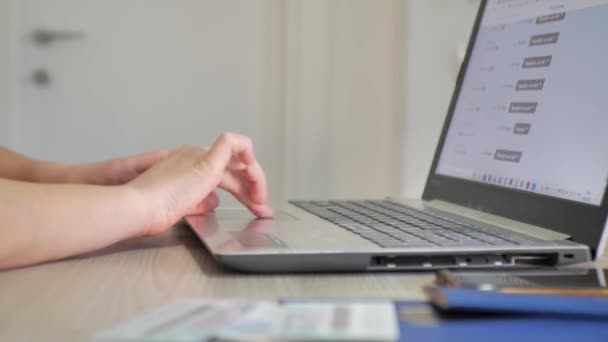 Frau wählt Flugtickets mit Laptop aus. Nahaufnahme - Filmmaterial, Video