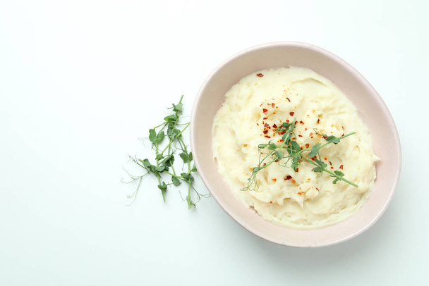 Plate of mashed potatoes on white background - Photo, Image