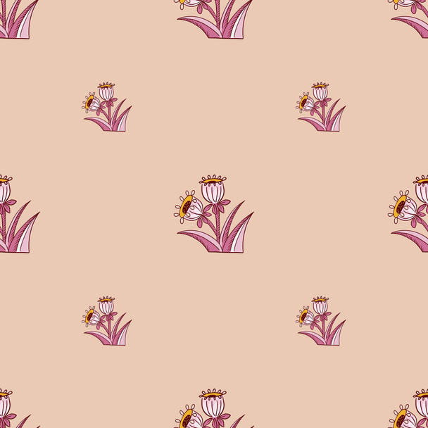 Nahtloses Muster im Stil der Frühlingsblüher mit minimalistischem Glockenblumen-Print. Pinkes Pastellfarbenes Kunstwerk. Grafikdesign für Verpackungspapier und Textiltexturen. Vektorillustration. - Vektor, Bild