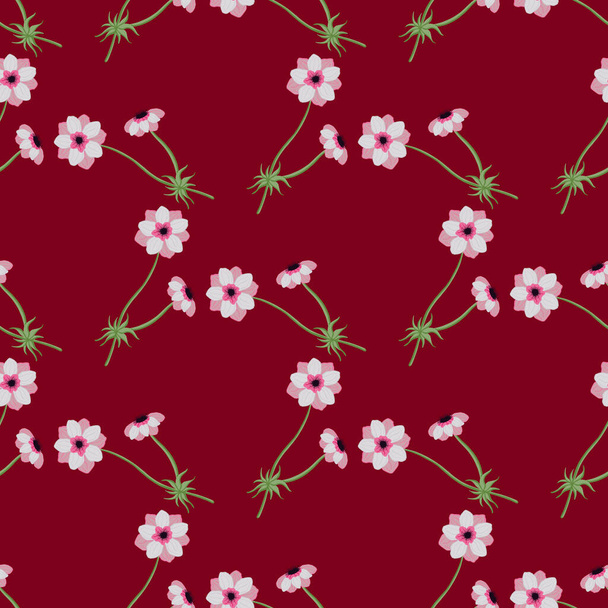 Pink colored anemone flower elements seamless pattern. Dark red-maroon background. Vintage style. Stock illustration. Vector design for textile, fabric, giftwrap, wallpapers. - Vector, Image