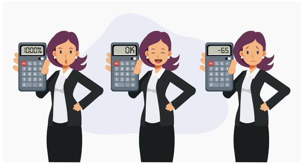 女性会計士のセット,ビジネス女性は、電卓画面で計算の結果を示しています.金融ビジネス計算の概念.フラットベクトル漫画のキャラクターイラスト. - ベクター画像