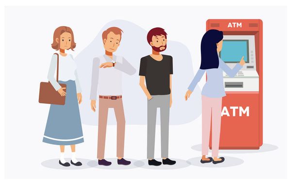 Az emberek sorban állnak az ATM automatánál, sorban állnak a használatra váró ATM-nél, néhányan dühösek lesznek a túl hosszú idő miatt. Lapos vektor rajzfilm karakter illusztráció. - Vektor, kép