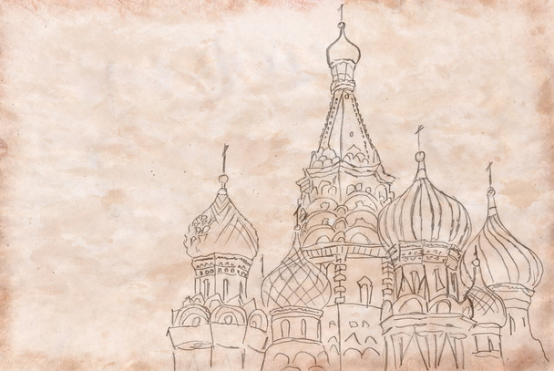 Draw of  cathedral of vasily the blessed on retro paper texture - Photo, Image