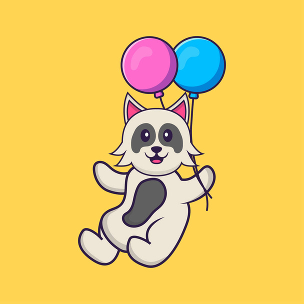 Leuke hond die vliegt met twee ballonnen. Dierenspotconcept geïsoleerd. Kan gebruikt worden voor t-shirt, wenskaart, uitnodigingskaart of mascotte. - Vector, afbeelding