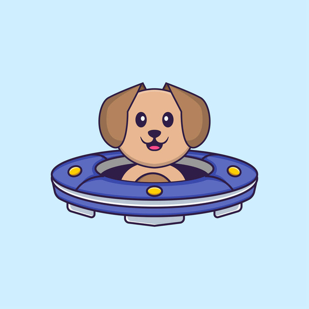 Aranyos kutya, Ufo űrhajó. Állati rajzfilm koncepció elkülönítve. Használható póló, üdvözlőlap, meghívó vagy kabala készítésére.. - Vektor, kép