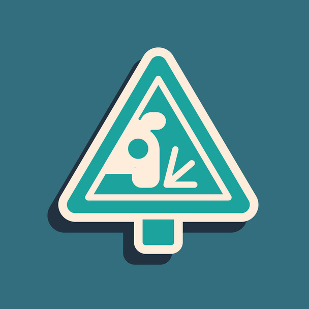 Зеленое предупреждение дорожный знак бросая каменные материалы значок изолирован на зеленом фоне. Правила дорожного движения и безопасное вождение. Длинный стиль тени. Вектор - Вектор,изображение