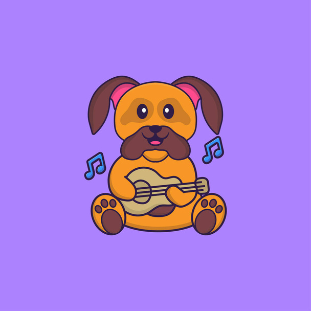 Милий собака грає на гітарі. Концепція мультфільму тварин ізольована. Може використовуватися для футболок, вітальних листівок, запрошень або талісманів
. - Вектор, зображення